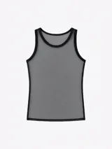 Musculosa de calce al cuerpo confeccionada en microtul semitransparente, con cuello redondo y ribetes negros en contraste.