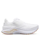 Championes Saucony Endorphin Shift 3, color blanco con detalles dorados en el logo y suela color caramelo.