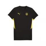 Remera de entrenamiento Puma del Club Atlético Peñarol para hombre, color negro con detalles en amarillo en los costados y mangas. Presenta el logo de Puma en el pecho derecho y el escudo del club en el izquierdo.