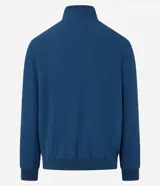 Campera bomber negra con cuello alto, cierre frontal por cremallera, puños y cintura elásticos.