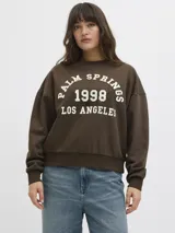 Buzo marrón de cuello redondo con estampado frontal en color blanco que dice "Palm Springs 1998 Los Angeles". De corte relajado y mangas largas con puños elásticos.