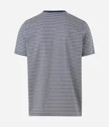 Remera de hombre marca Marfinno confeccionada en algodón peruano, con diseño de rayas horizontales, cuello redondo azul en contraste y mangas cortas.