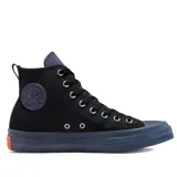 Botas Converse Chuck Taylor All Star CX HI, color negro con detalles en violeta y suela azul traslúcida.