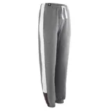 Pantalón de jogging gris con franja lateral blanca, cintura elástica con cordón ajustable y puños en los tobillos.