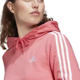 Buzo Adidas de mujer color salmón, corto, con capucha y cordones ajustables. Presenta las tres rayas blancas características de la marca en las mangas y el logo bordado en el pecho.