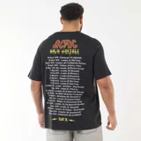 Camiseta de manga corta color negro con cuello redondo. Presenta un estampado frontal pequeño en el pecho con el logo de la banda AC/DC y la inscripción High Voltage Tour 76.