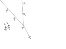 Set de acero italiano con collar estilo corbatero con seis cruces colgantes y caravanas haciendo juego.