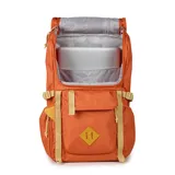 Mochila JanSport modelo Hatchet de color naranja con correas y detalles en color beige. Presenta un diseño de inspiración outdoor con solapa superior, compartimento acolchado para laptop, bolsillos laterales para botellas y organizador interno. Incluye correas de hombro ajustables y asa superior.
