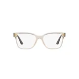 Armazón para lentes Vogue 5452, color beige traslúcido, de forma rectangular con bordes redondeados. Patillas delgadas con detalle dorado en la bisagra.