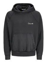 Canguro negro con capucha, de corte holgado y mangas raglán. Presenta un gran estampado en color beige en la espalda con la inscripción "Studio Originals" y texto descriptivo, además de puños y dobladillo acanalados.