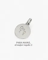 Medalla circular de plata 925 con superficie pulida y argolla superior, diseñada para grabados personalizados de dibujos o textos lineales.