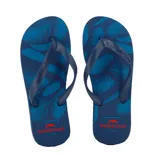 Ojotas de goma marca Tropical Brasil, color azul marino con estampado de plumas en tono azul más claro. Poseen tiras del mismo color con el nombre de la marca en relieve.