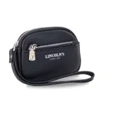 Monedero de mano con diseño rectangular y textura granulada, marca Lincoln's. Cuenta con cierre perimetral, bolsillo frontal con cierre y correa de muñeca integrada.