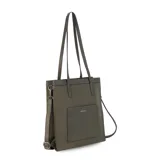 Cartera tipo tote de estructura vertical, color negro, con doble asa larga para llevar al hombro y correa desmontable y regulable. Cuenta con bolsillo frontal exterior de fácil acceso y detalles de costuras visibles.