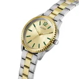 Reloj analógico Guess con caja de 40 mm y malla de acero inoxidable en tono bicolor dorado y plateado. La esfera color champagne presenta un acabado sunray, índices en color verde y bisel estriado.