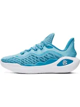 Championes de básquetbol Under Armour Curry 11, modelo Mouthguard, en color celeste con detalles en blanco. Presentan tejido UA IntelliKnit transpirable, contrafuerte externo de TPU en el talón y amortiguación UA Flow de doble densidad para mayor rebote y agarre en la cancha.