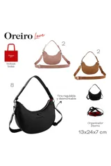 Cartera tipo bandolera de cuero sintético negro con textura, forma de media luna y cierre de cremallera. Incluye organizador interno, asa corta de hombro y tira regulable y desmontable. Logo de Las Oreiro en relieve en el frente.