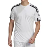 Remera deportiva Adidas Squadra 21 blanca con tres tiras negras en hombros y mangas. Confeccionada en poliéster reciclado con tecnología Aeroready.