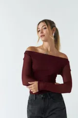 Top de manga larga confeccionado en tejido de tul con transparencias, de corte ajustado y cuello redondo.