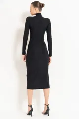 Vestido midi negro ajustado al cuerpo, con cuello alto y mangas largas.