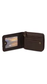 Billetera de cuero color marrón oscuro, con interior con repartición para billetes, visor y tarjeteros. Incluye espacio con cierre para monedas.