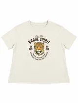 Remera color marrón óxido con estampa frontal de un tigre en la selva, de manga corta y cuello redondo.