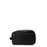 Neceser negro de cuero sintético con cierre superior y bolsillo frontal con cierre.