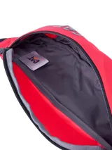 Riñonera Caterpillar modelo Waist Bag, color rojo con detalles en azul marino y logo impreso en el frente. Cuenta con cierre superior y correa ajustable.