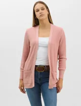 Cardigan abierto de tejido acanalado, con bolsillos frontales y mangas largas de corte entallado con puños de rib.