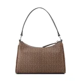 Cartera Guess modelo Jillian de formato compacto, con estampado de monograma de la marca en color marrón. Cuenta con cierre superior, asa corta para llevar al hombro y correa larga ajustable y extraíble para usar como bandolera. Incluye logo triangular metálico en el frente.