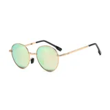 Lentes de sol unisex con montura redonda dorada y lentes grises.