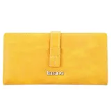 Monedero amarillo de cuero sintético con cierre de presilla y broche. Incluye múltiples compartimentos interiores para tarjetas y billetes.