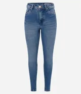 Pantalón de jean skinny azul con cintura alta y detalles de desgaste en los bolsillos.