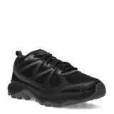 Championes de trail running Merrell modelo Tempo Exp, color negro. Presentan una construcción robusta con malla transpirable y refuerzos sintéticos, suela con tacos para mayor tracción y cordones ajustables.