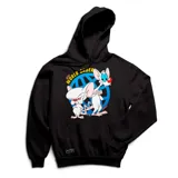 Canguro negro con capucha y cordones ajustables, con estampado frontal de los personajes Pinky y Cerebro sobre un globo terráqueo azul y el texto 'New World Order'.