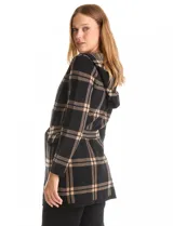 Cardigan de tejido de punto con diseño a cuadros, capucha integrada, mangas largas, bolsillos frontales y lazo ajustable en la cintura.