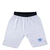 Calza térmica deportiva Umbro de color blanco, con ajuste ceñido al cuerpo y cintura elástica negra con el logo de la marca estampado. Presenta el logo de Umbro en azul en la parte inferior de la pierna.