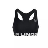 Top deportivo Under Armour de color negro con espalda nadadora y banda elástica inferior en color blanco con el nombre de la marca. Incluye el logo de la marca estampado en el pecho.