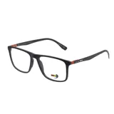 Armazón de lentes MDQ modelo T41, de diseño rectangular en color negro mate con detalles en naranja en las patillas.