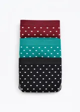 Pack de tres bombachas tipo vedetina de microfibra sin costuras, con estampado de lunares blancos. El set incluye una unidad en color bordó, una en verde y una en negro, todas con fundillo de algodón.