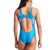 Malla enteriza Adidas de natación para mujer, color celeste con logo estampado en blanco y tres tiras blancas en los laterales.