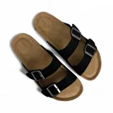 Sandalias negras con dos tiras anchas ajustables con hebillas metálicas plateadas.