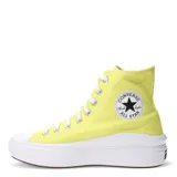 Championes de caña alta con plataforma, confeccionados en lona color amarillo con cordones blancos y puntera de goma blanca.