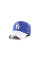 Gorra de béisbol azul con visera blanca, logo de los Dodgers bordado en blanco en el frente y logo de la marca '47 bordado en blanco en el lateral.