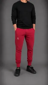Pantalón tipo jogger de color bordó, con ajuste elástico en los tobillos y logo bordado en la pierna izquierda.