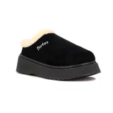 Pantuflas negras de gamuza con interior de corderito beige, diseño tipo zueco con plataforma negra y logo de la marca bordado en el lateral.