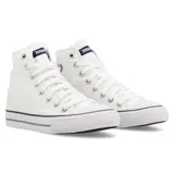 Zapatillas de lona blanca con caña alta, forro de algodón blanco, plantilla extraíble de caucho moldeado y base textil, cordones de algodón blanco, suela de caucho vulcanizado de alta resistencia, contrafuerte y buepe de caucho.