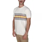 Remera blanca de manga corta con cuello redondo y estampado horizontal a la altura del pecho con rayas en azul marino, amarillo, ocre y rojo. Logo de Billabong en el lateral derecho del estampado.