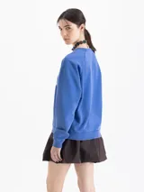 Buzo de cuello redondo y manga larga, color azul con estampa frontal de cisnes y flores. Presenta un calce amplio y largo a la cadera.