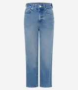 Pantalón de jean azul clásico de corte recto, con tiro alto, presillas para cinto y bolsillos funcionales.